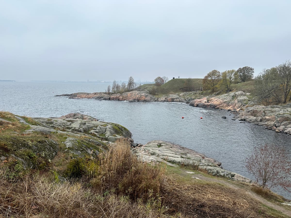 A cliff covered with in green moss, grass, and trees, looking over the sea