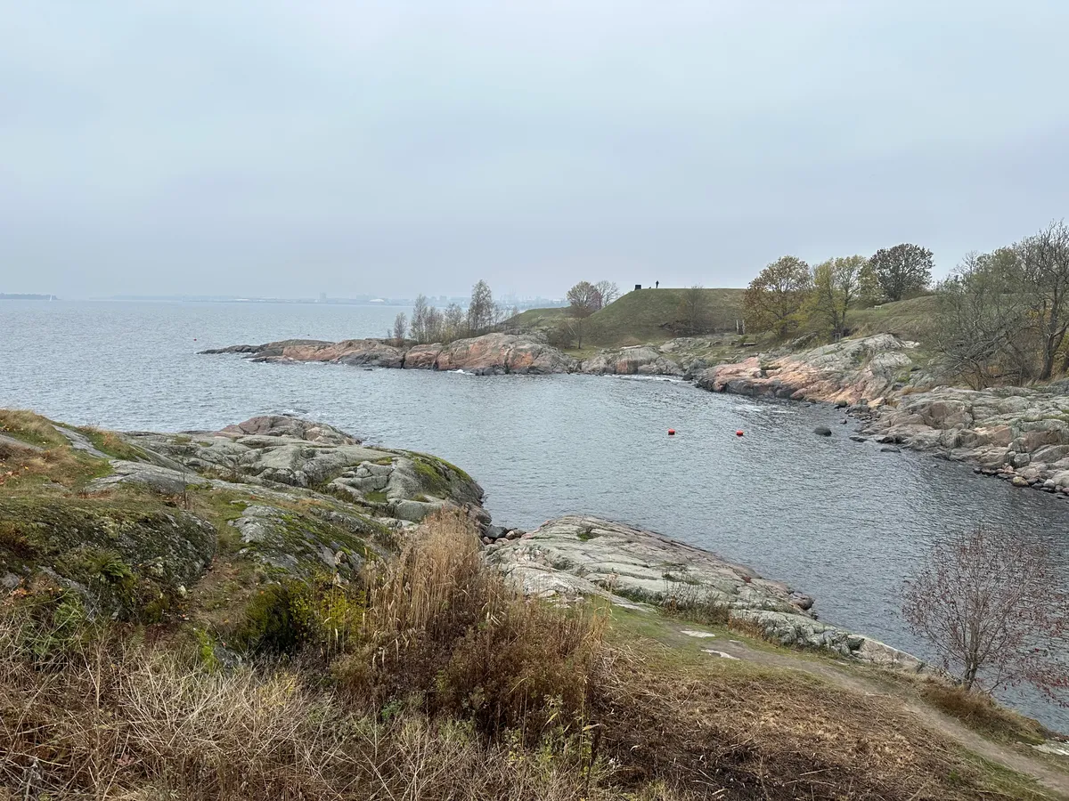 A cliff covered with in green moss, grass, and trees, looking over the sea