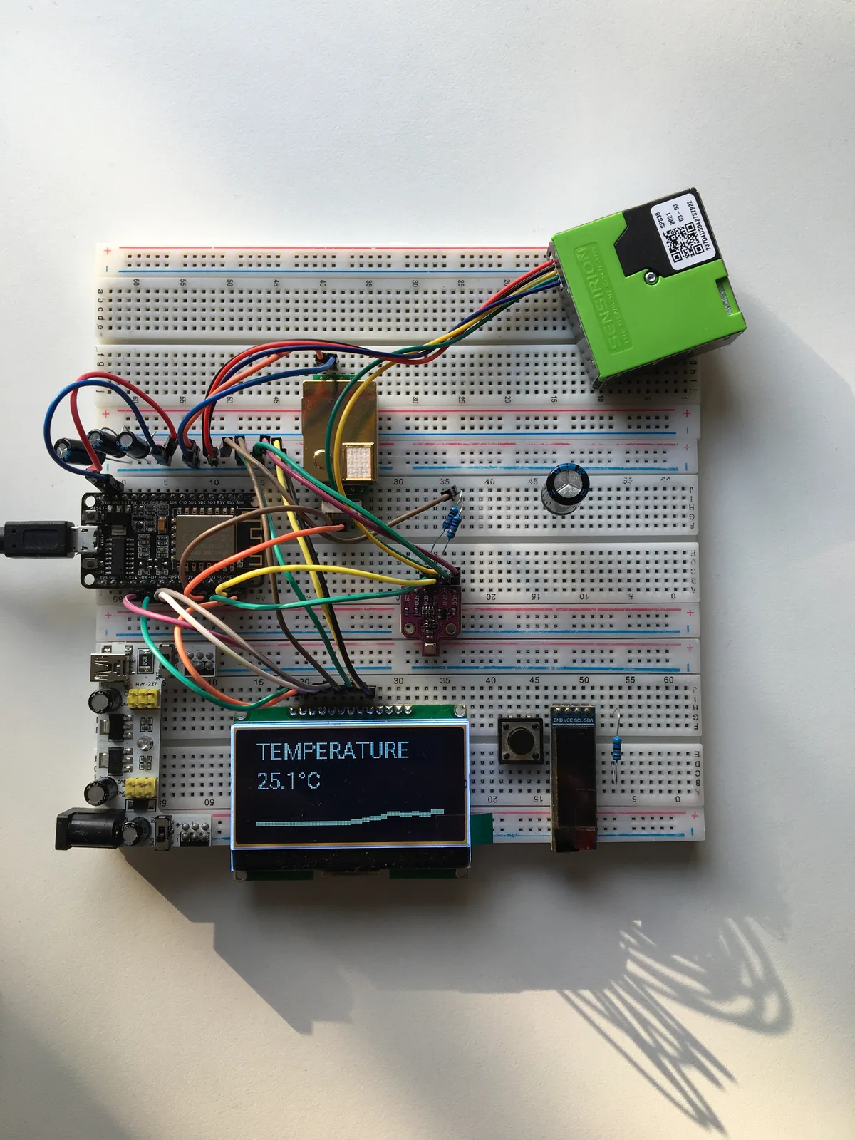 Breadboard with the first prototype of my air quality monitor