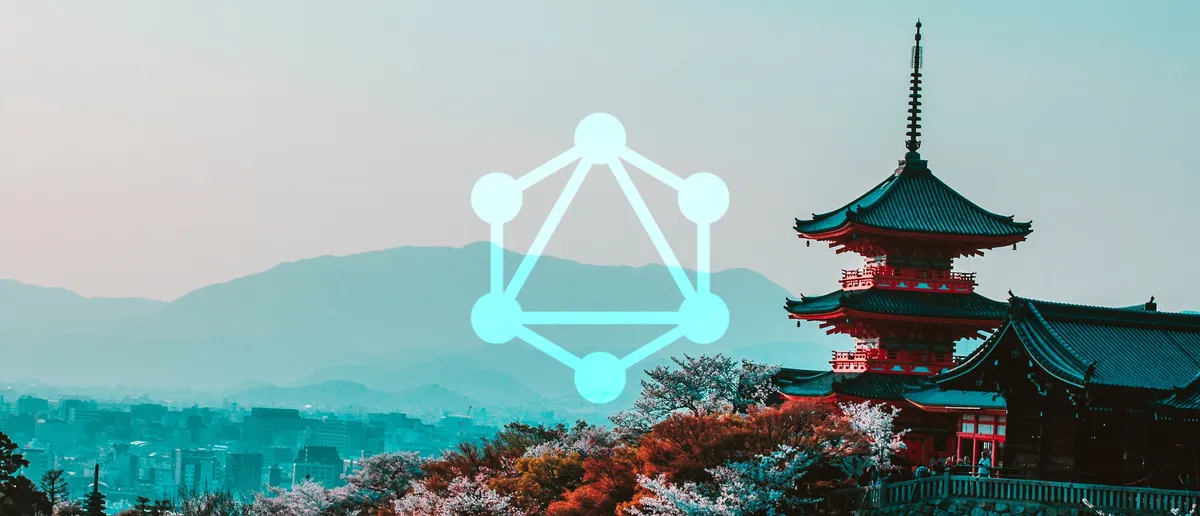 The GraphQL logo overlayed over a Japanese shrine