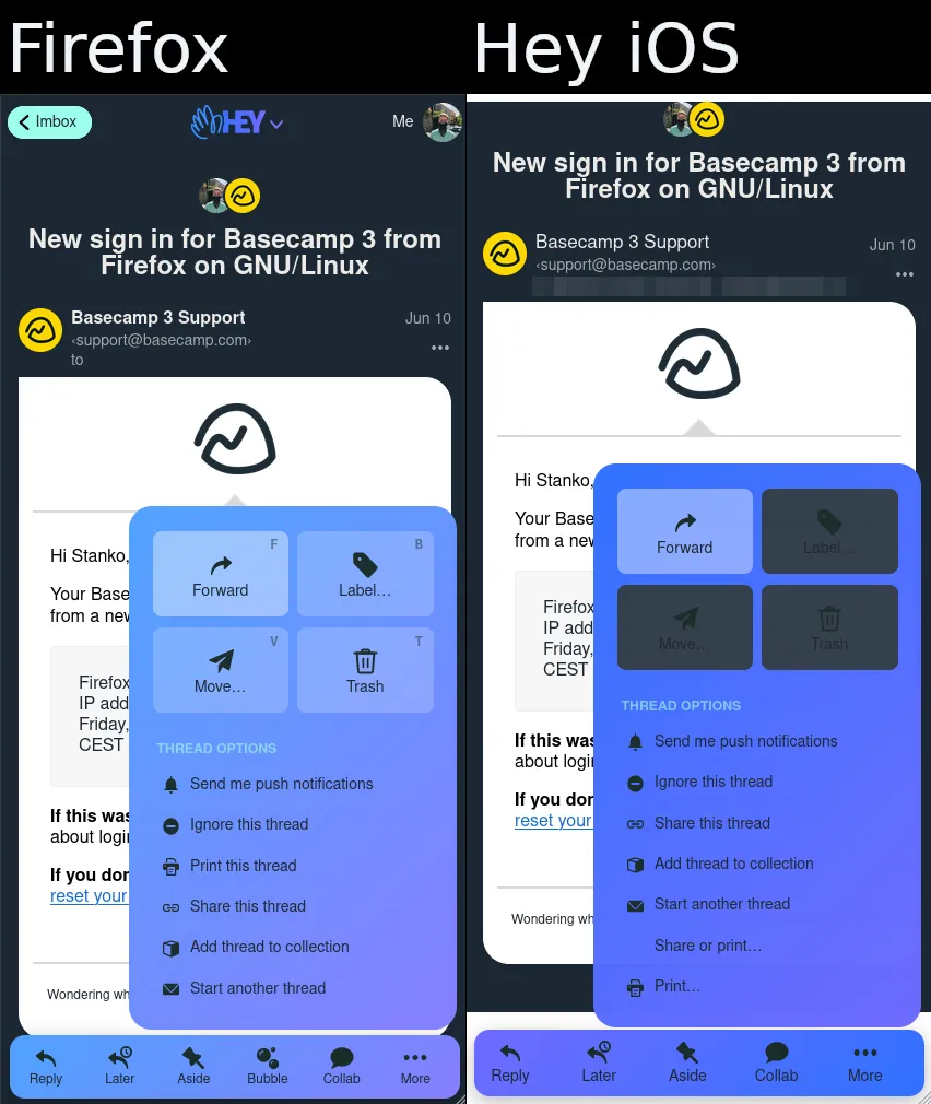Left: Hey web app in Firefox with the default User-Agent. Right: Impersonating Hey iOS app by changing the User-Agent