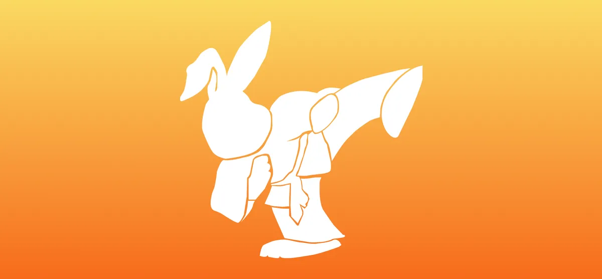A rabbit dressed up as the karate kid - a cross of RabbitMQ and Sidekiq logos