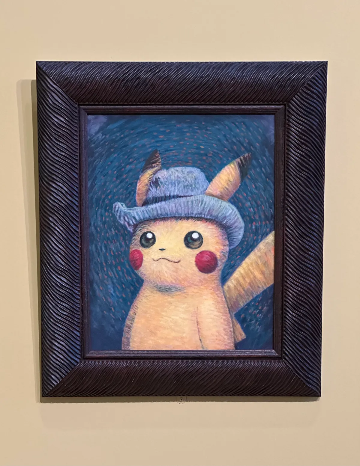 Pikachu with a hat, drawn in the style of Van Gogh