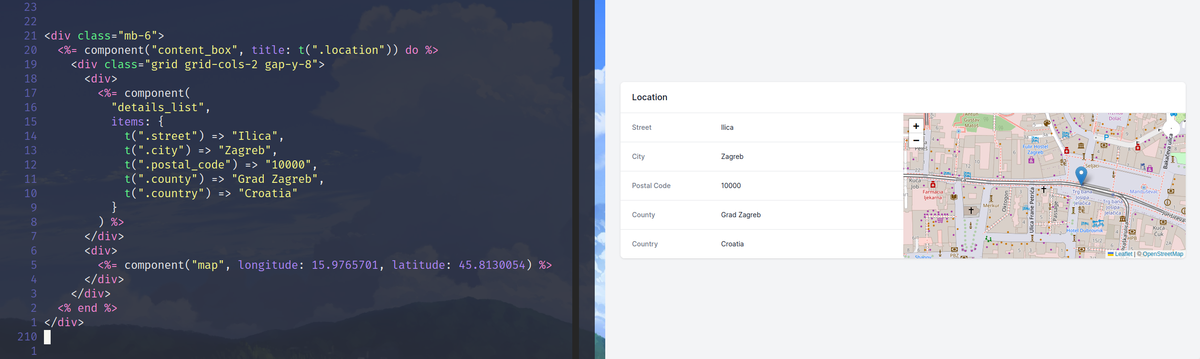 Code and browser view of multiple vanilla Rails view components composed together to show location details and a map side-by-side within a titled content box.