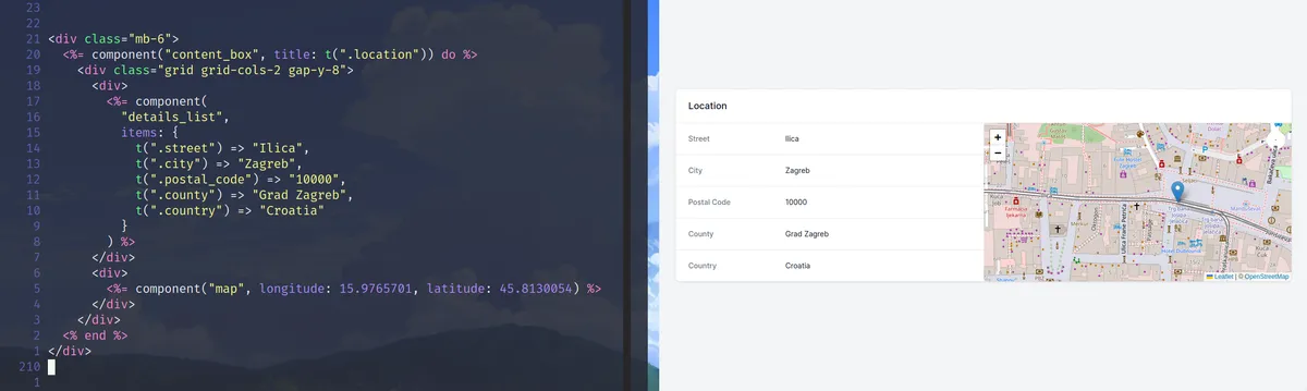 Code and browser view of multiple vanilla Rails view components composed together to show location details and a map side-by-side within a titled content box.